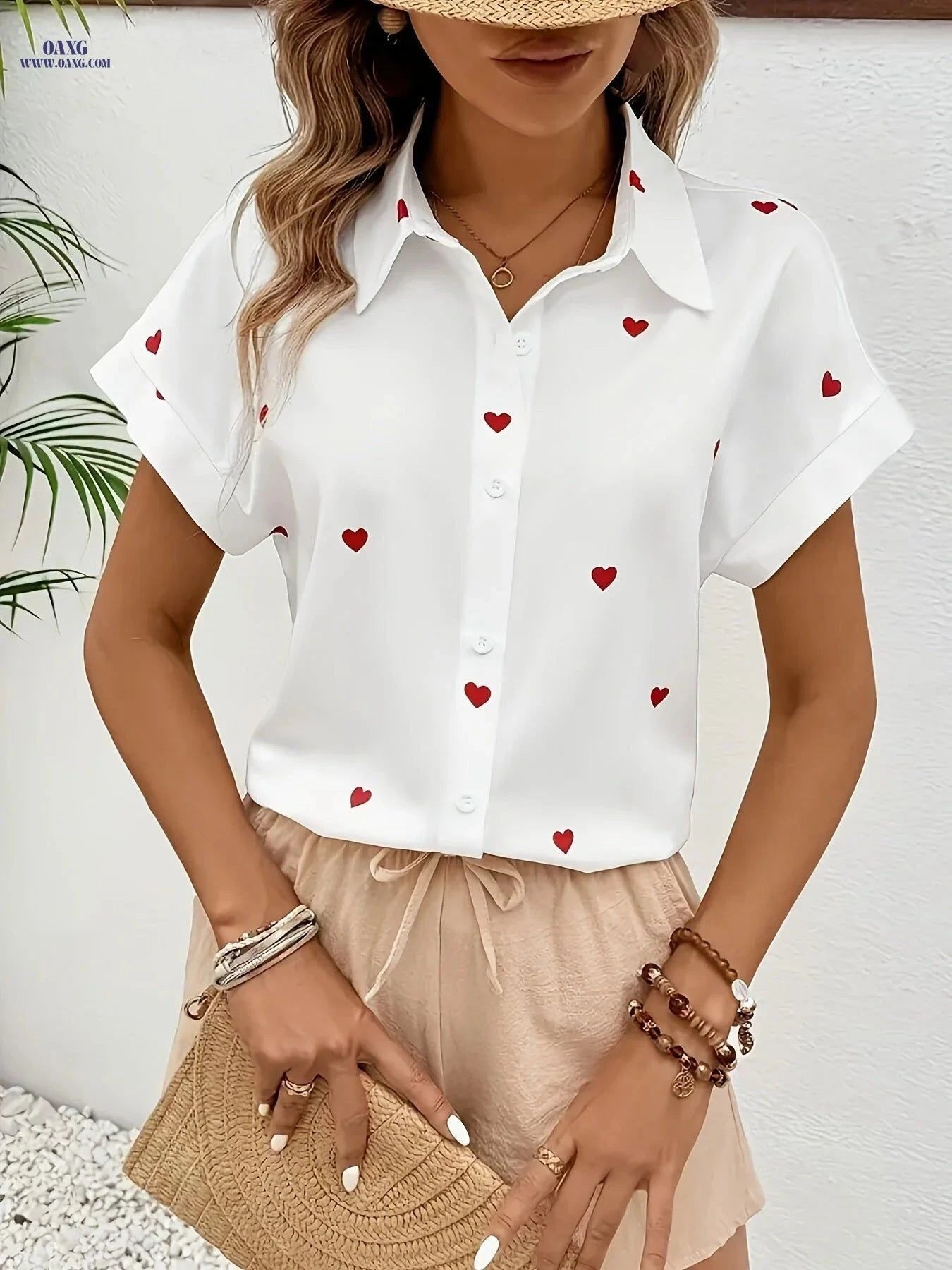 Women’s Casual Short-Sleeve Heart Print Shirt - Opaque Polyester Top   OAXG White / S