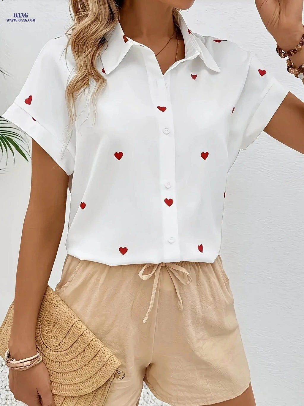 Women’s Casual Short-Sleeve Heart Print Shirt - Opaque Polyester Top   OAXG White / S