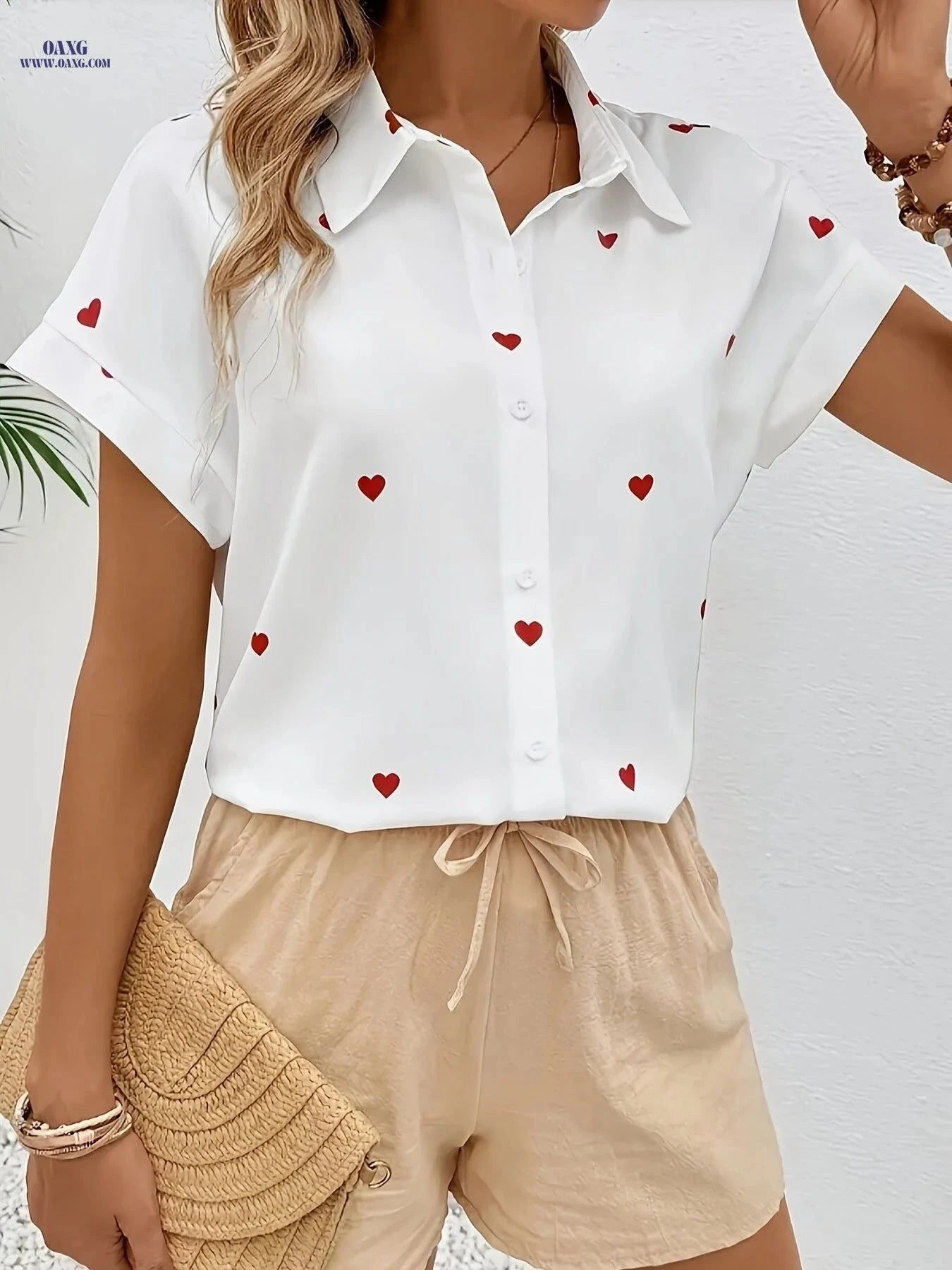 Women’s Casual Short-Sleeve Heart Print Shirt - Opaque Polyester Top   OAXG White / S