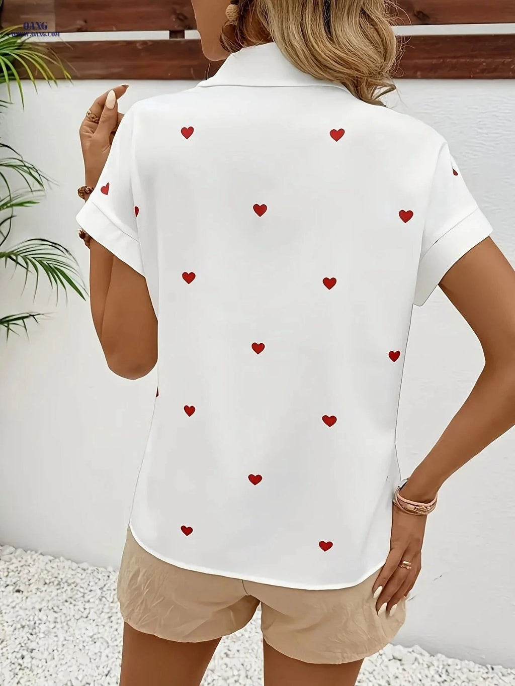 Women’s Casual Short-Sleeve Heart Print Shirt - Opaque Polyester Top   OAXG White / S