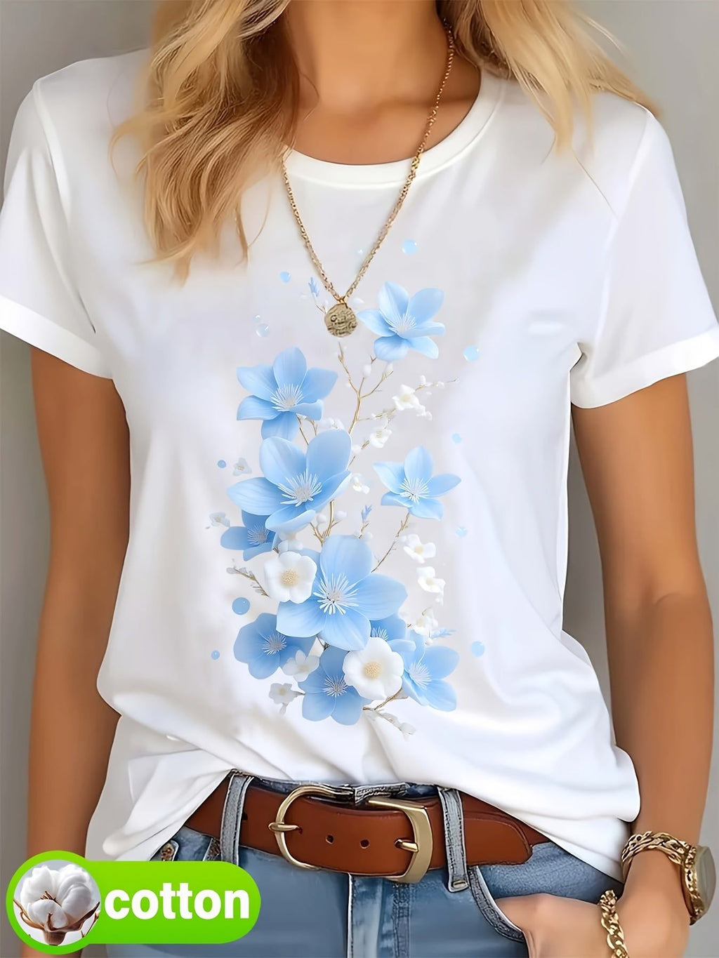 Women'S Casual Short Sleeve T-Shirt | Floral Print with Soft Blue Flowers | Boho Chic Style | Lightweight & Breathable | Trendy Streetwear Graphic Tee | Round Neck Top for Spring/Summer | Best Gifts for   OAXG White / S