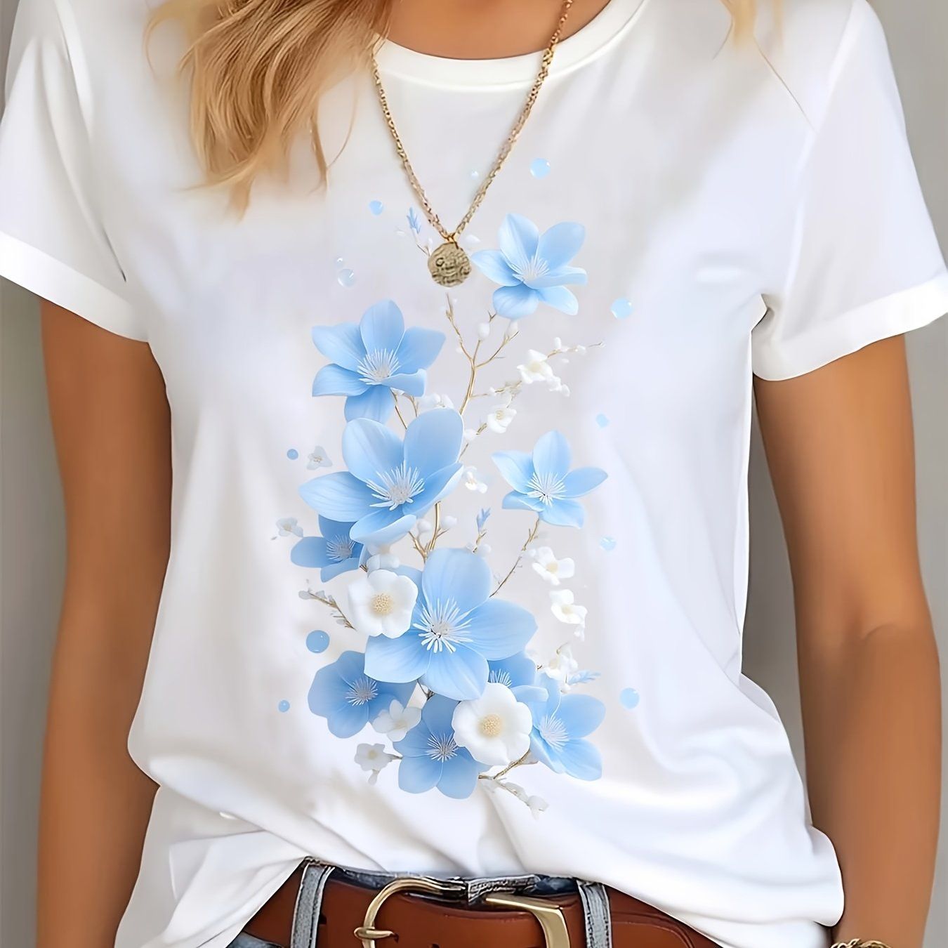 Women'S Casual Short Sleeve T-Shirt | Floral Print with Soft Blue Flowers | Boho Chic Style | Lightweight & Breathable | Trendy Streetwear Graphic Tee | Round Neck Top for Spring/Summer | Best Gifts for   OAXG White / S
