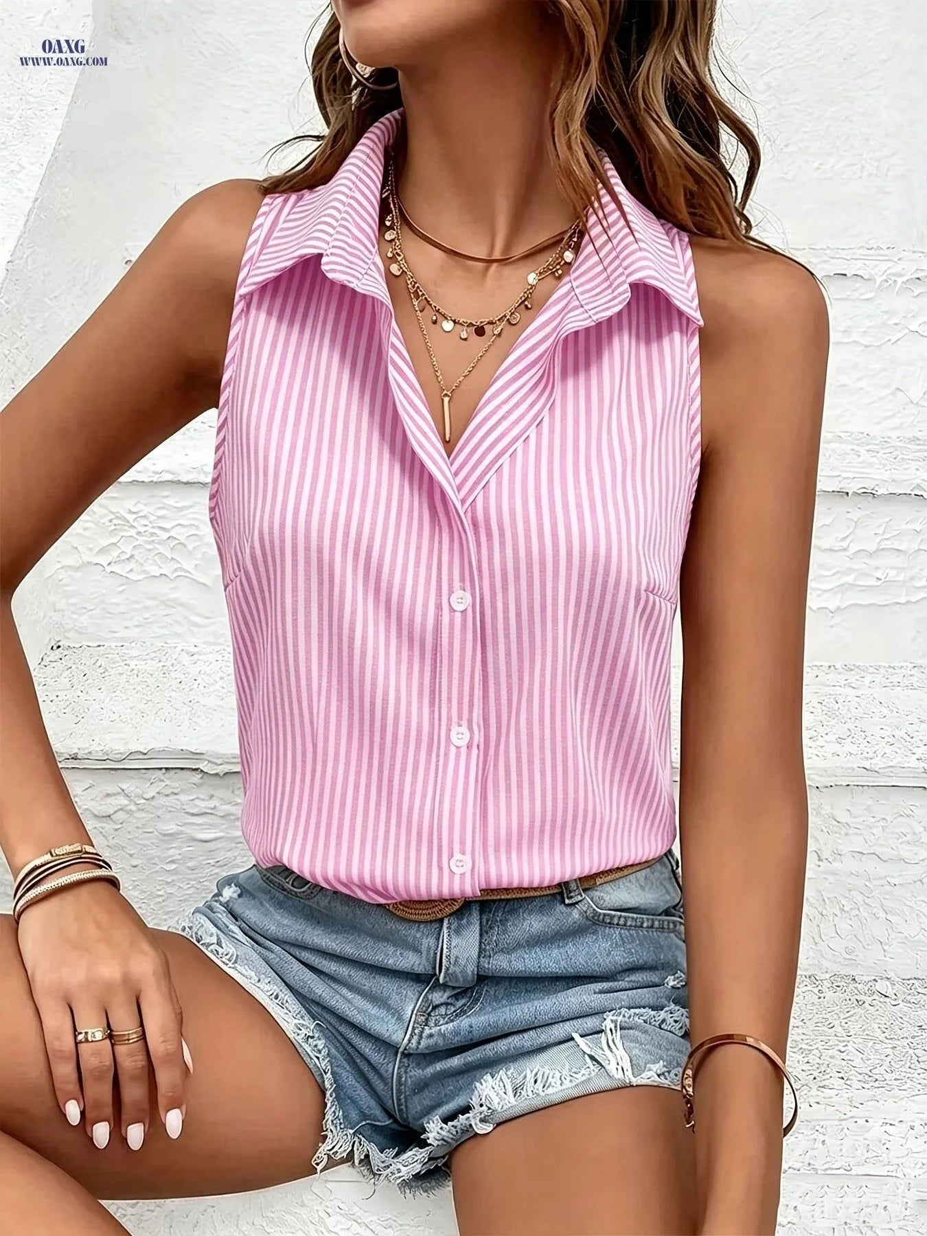 Women's Casual Sleeveless Striped Shirts - 3pcs Loose-fit Collection   OAXG Pink+blue+khaki / XS