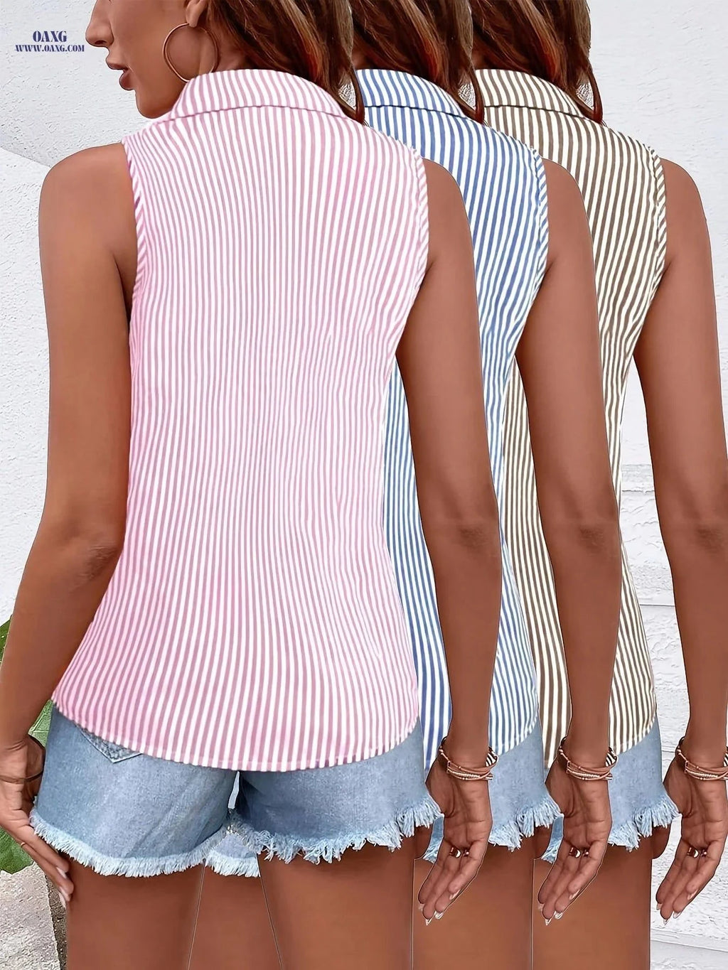 Women's Casual Sleeveless Striped Shirts - 3pcs Loose-fit Collection   OAXG Pink+blue+khaki / XS