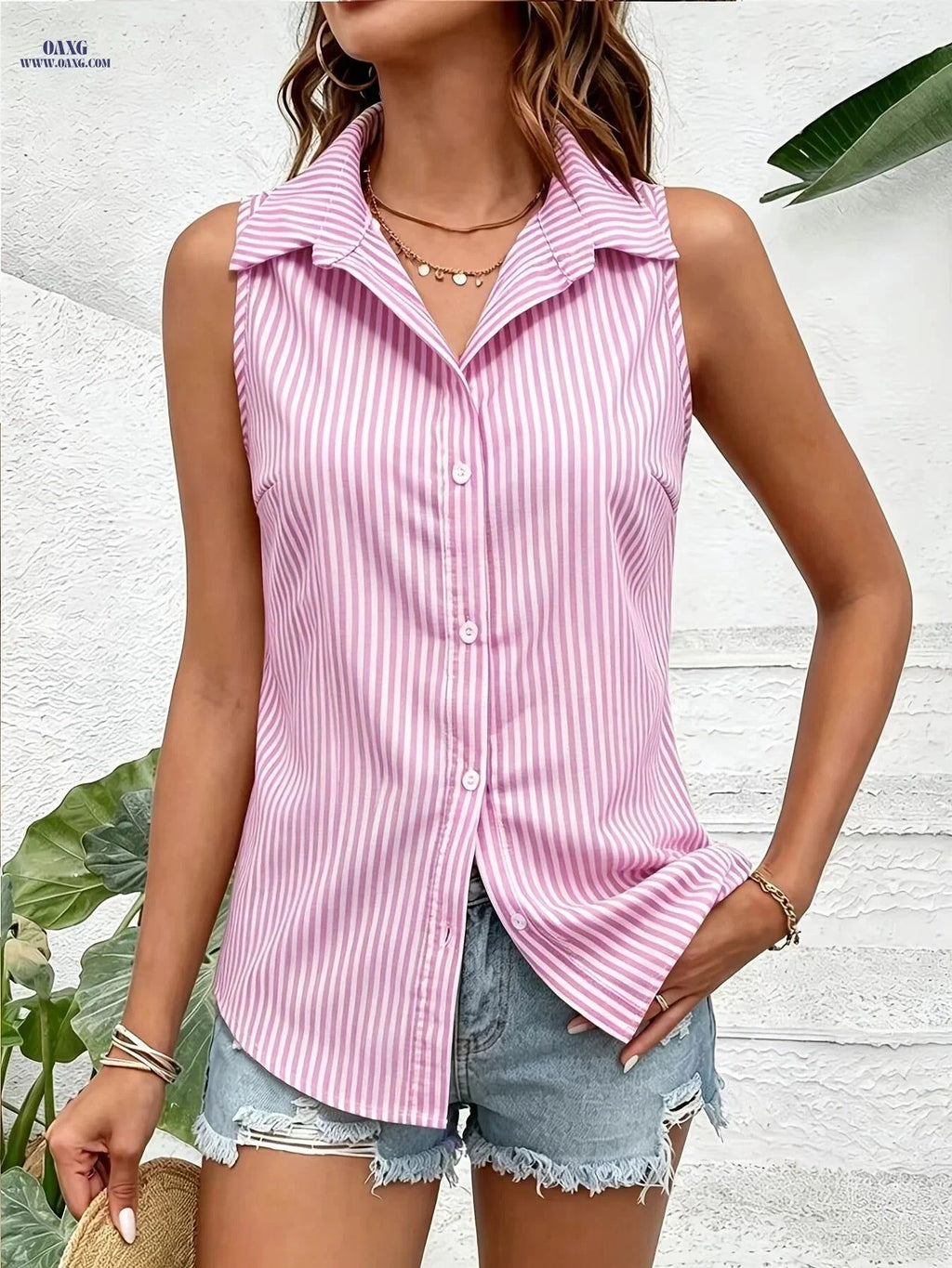 Women's Casual Sleeveless Striped Shirts - 3pcs Loose-fit Collection   OAXG Pink+blue+khaki / XS