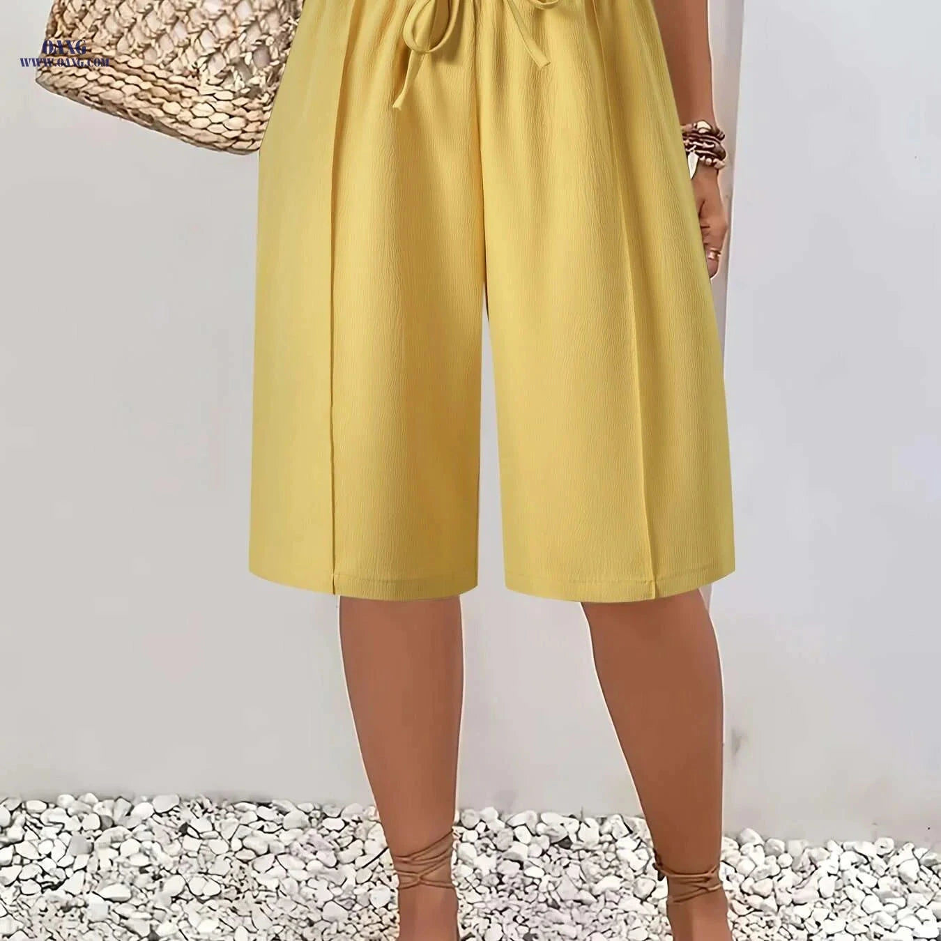 Women’s Casual Solid Color Drawstring Shorts - Lightweight Polyester Beachwear   OAXG 