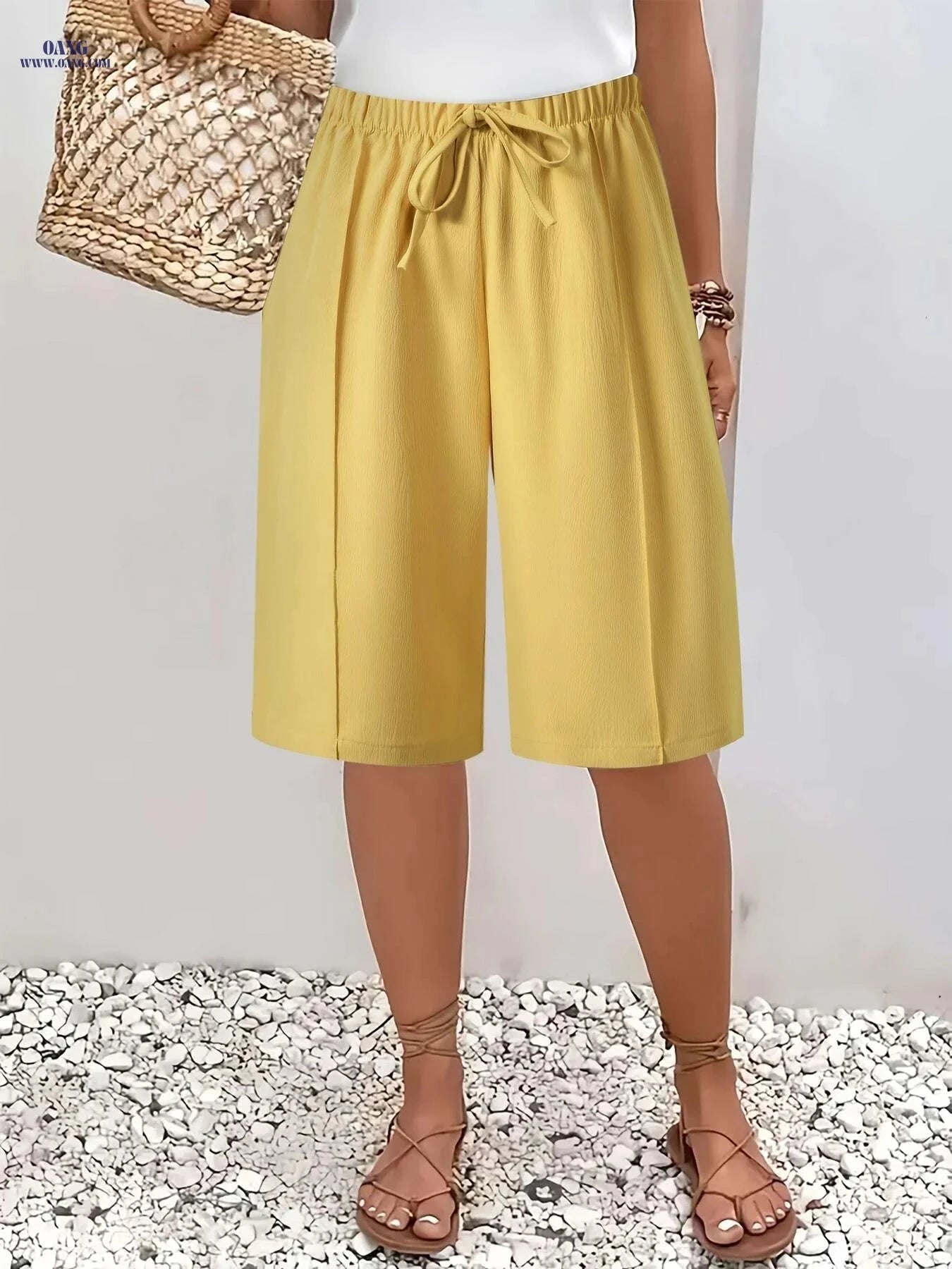 Women’s Casual Solid Color Drawstring Shorts - Lightweight Polyester Beachwear   OAXG 