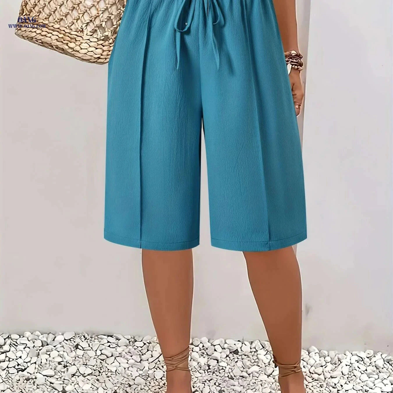 Women’s Casual Solid Color Drawstring Shorts - Lightweight Polyester Beachwear   OAXG 