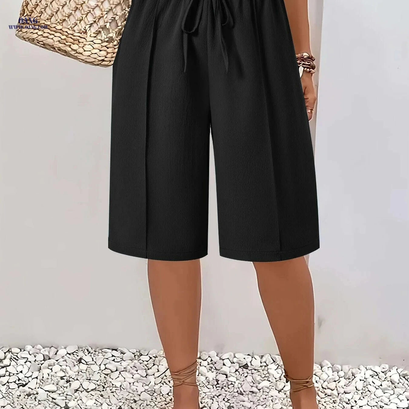 Women’s Casual Solid Color Drawstring Shorts - Lightweight Polyester Beachwear   OAXG 