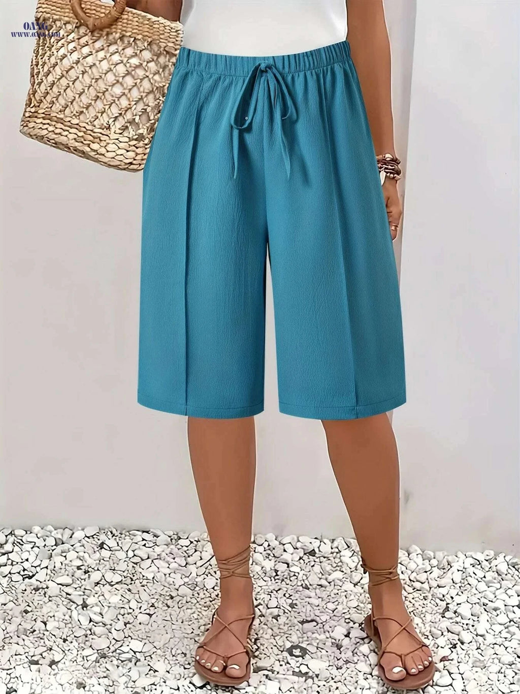 Women’s Casual Solid Color Drawstring Shorts - Lightweight Polyester Beachwear   OAXG 