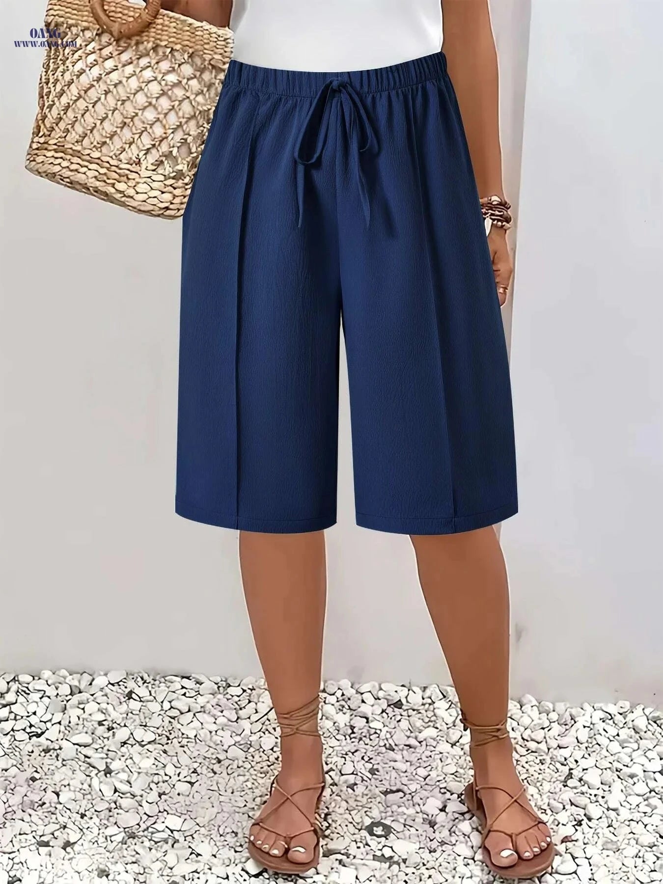 Women’s Casual Solid Color Drawstring Shorts - Lightweight Polyester Beachwear   OAXG 