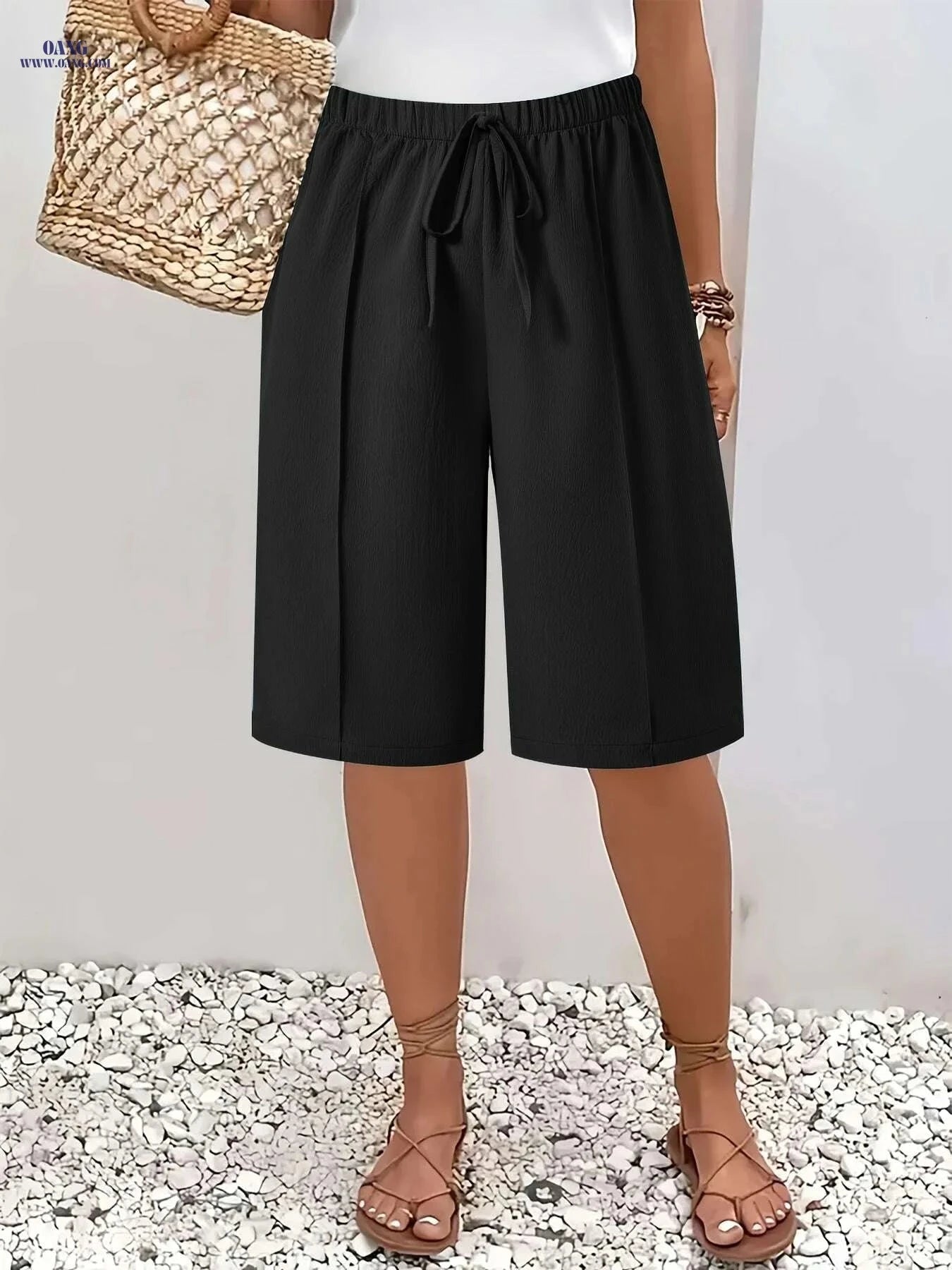 Women’s Casual Solid Color Drawstring Shorts - Lightweight Polyester Beachwear   OAXG 