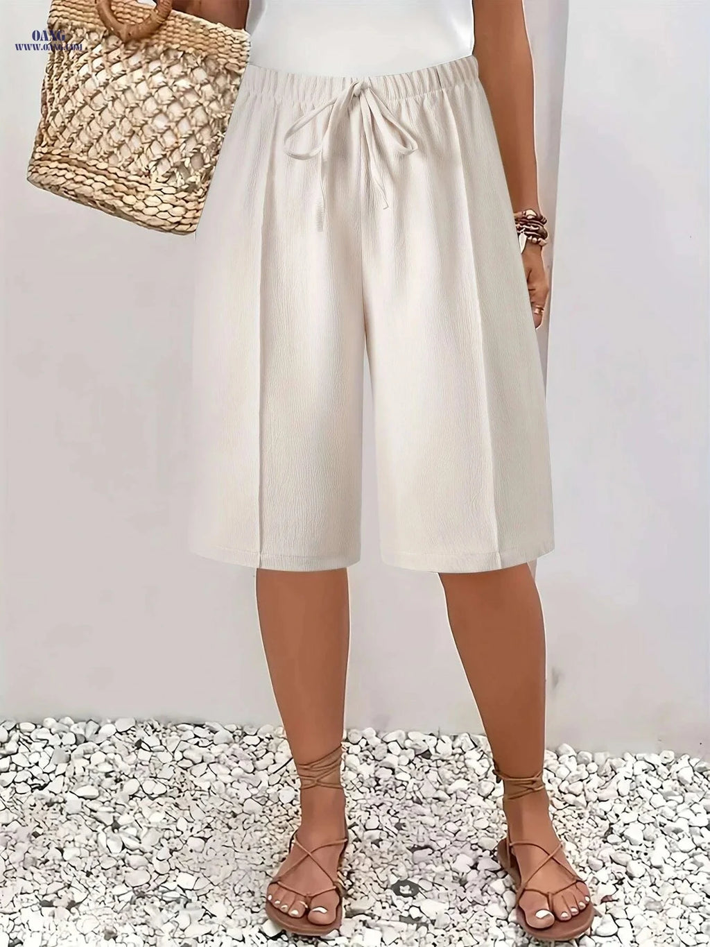 Women’s Casual Solid Color Drawstring Shorts - Lightweight Polyester Beachwear   OAXG 