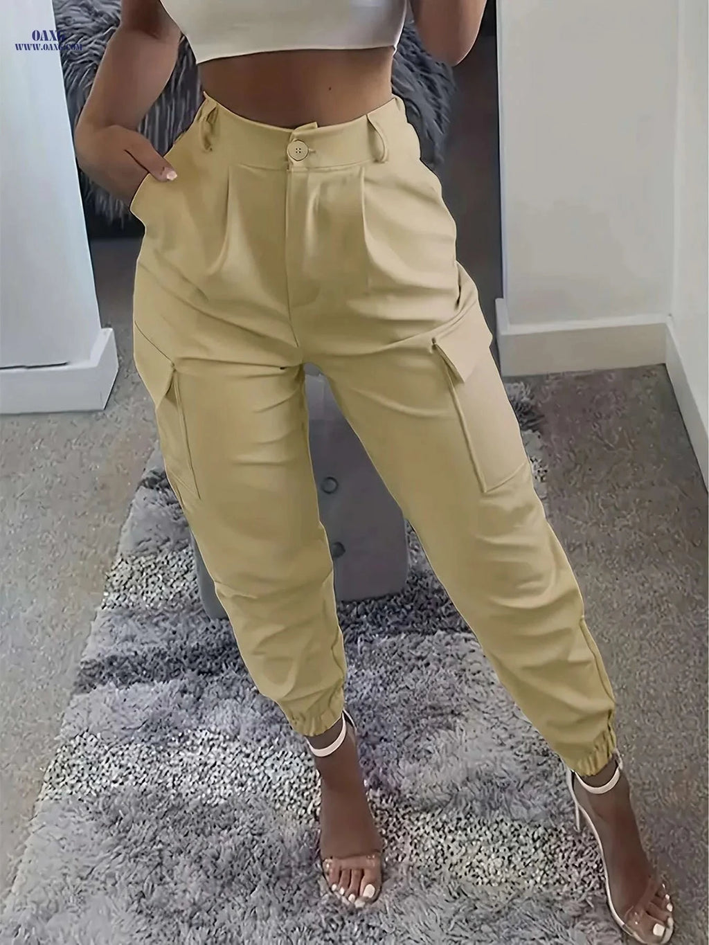 Women's Casual Solid Color Jogger Pants - All-Season Comfort Fit   OAXG Apricot / XS