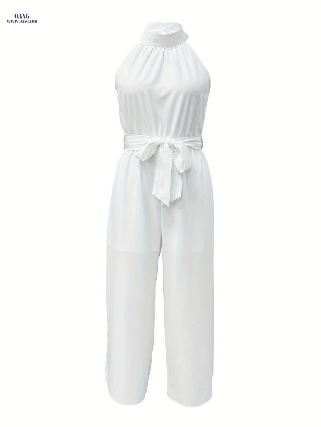 Women's Casual Solid Color Jumpsuit - Sleeveless High Neck Style   OAXG 