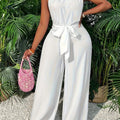 Women's Casual Solid Color Jumpsuit - Sleeveless High Neck Style   OAXG White / S