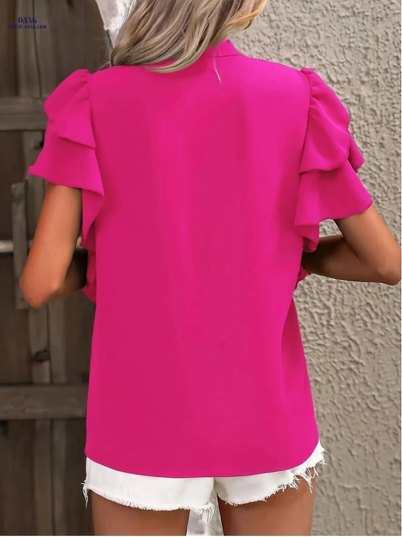 Women's Casual Solid Color Shirt - V-Neck Polyester Top   OAXG Rose Red / S