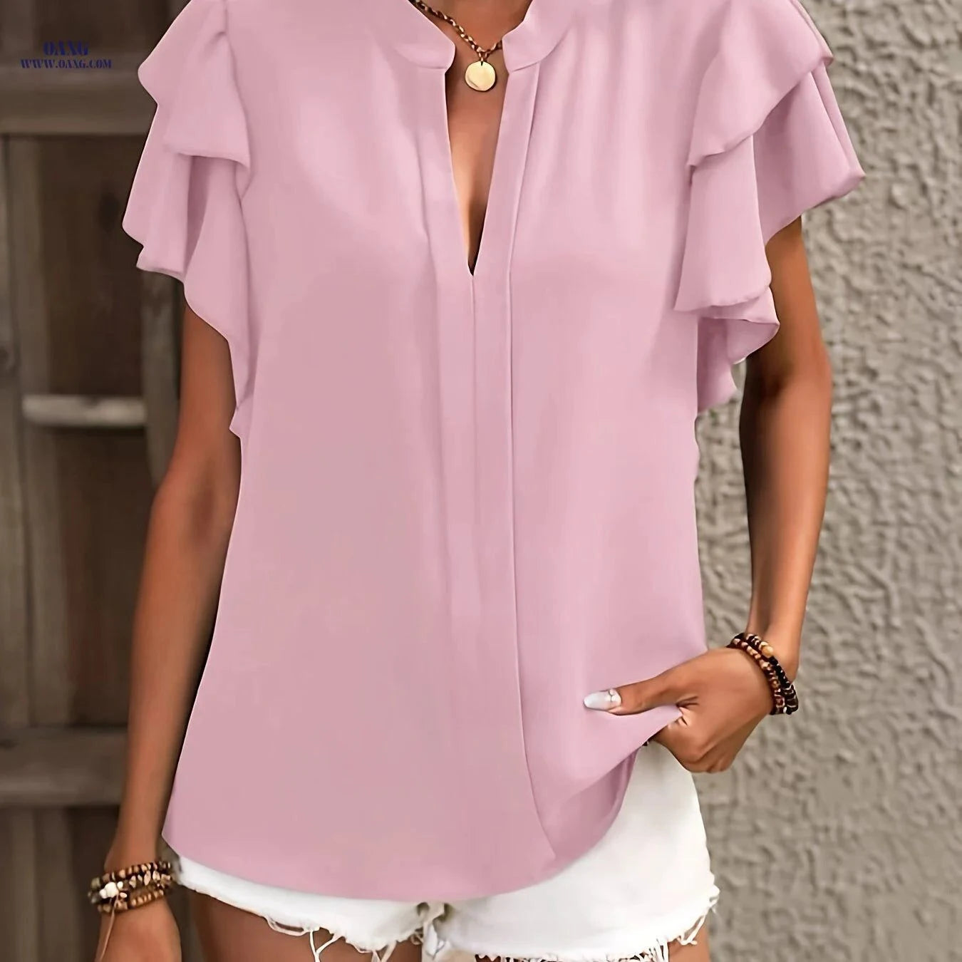 Women's Casual Solid Color Shirt - V-Neck Polyester Top   OAXG Rose Red / S