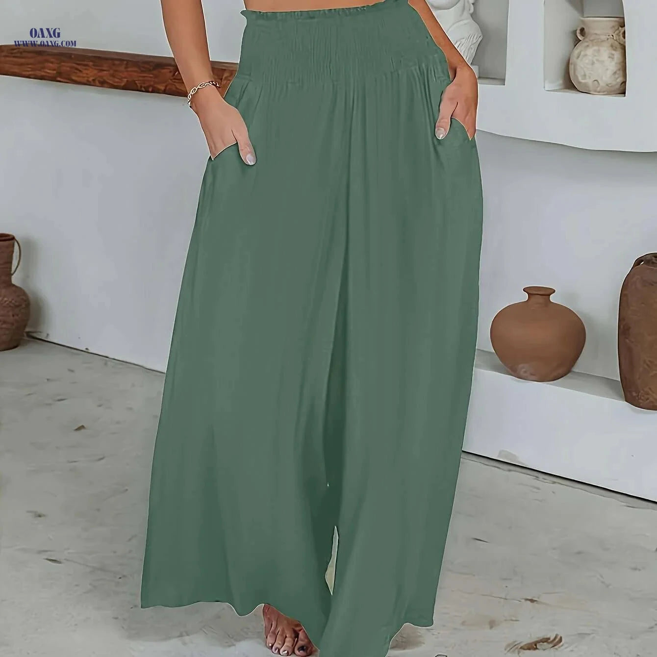 Women's Casual Solid Color Wide Leg Pants - Slant Pockets Style   OAXG 