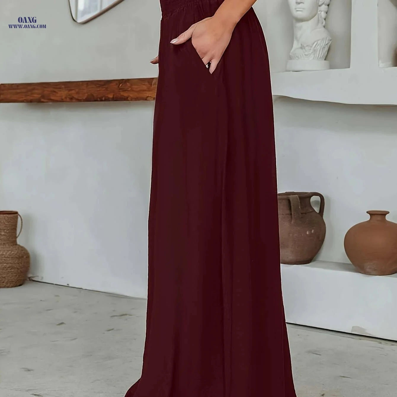 Women's Casual Solid Color Wide Leg Pants - Slant Pockets Style   OAXG 