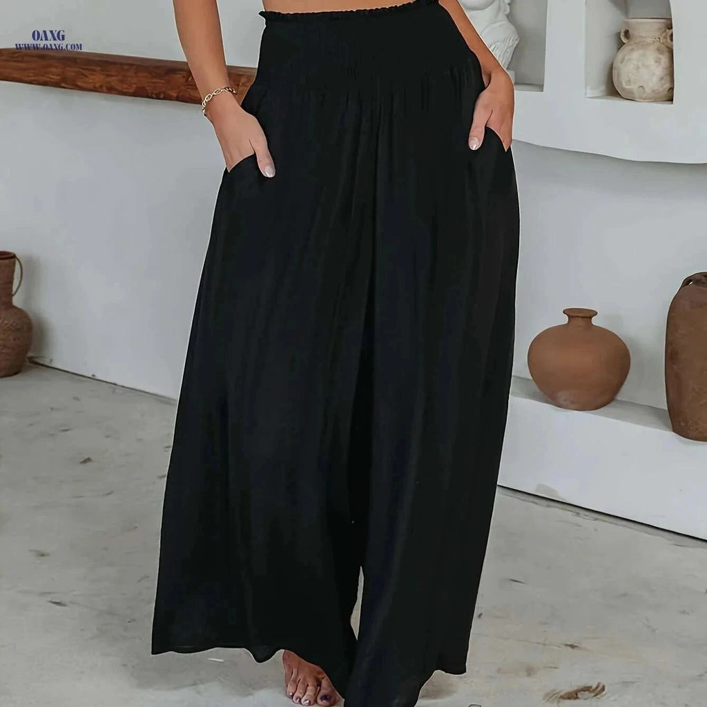 Women's Casual Solid Color Wide Leg Pants - Slant Pockets Style   OAXG Black / S
