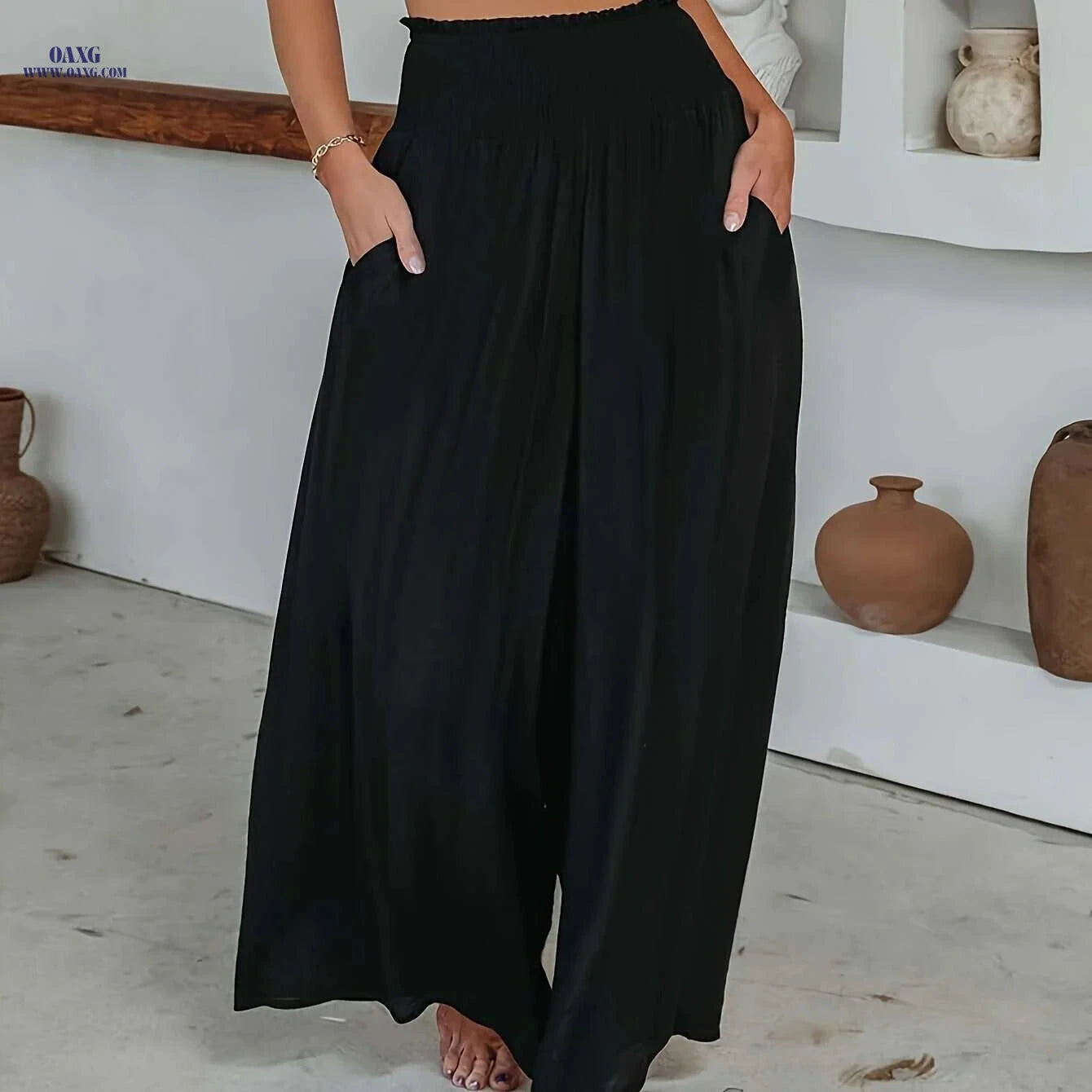Women's Casual Solid Color Wide Leg Pants - Slant Pockets Style   OAXG Black / S
