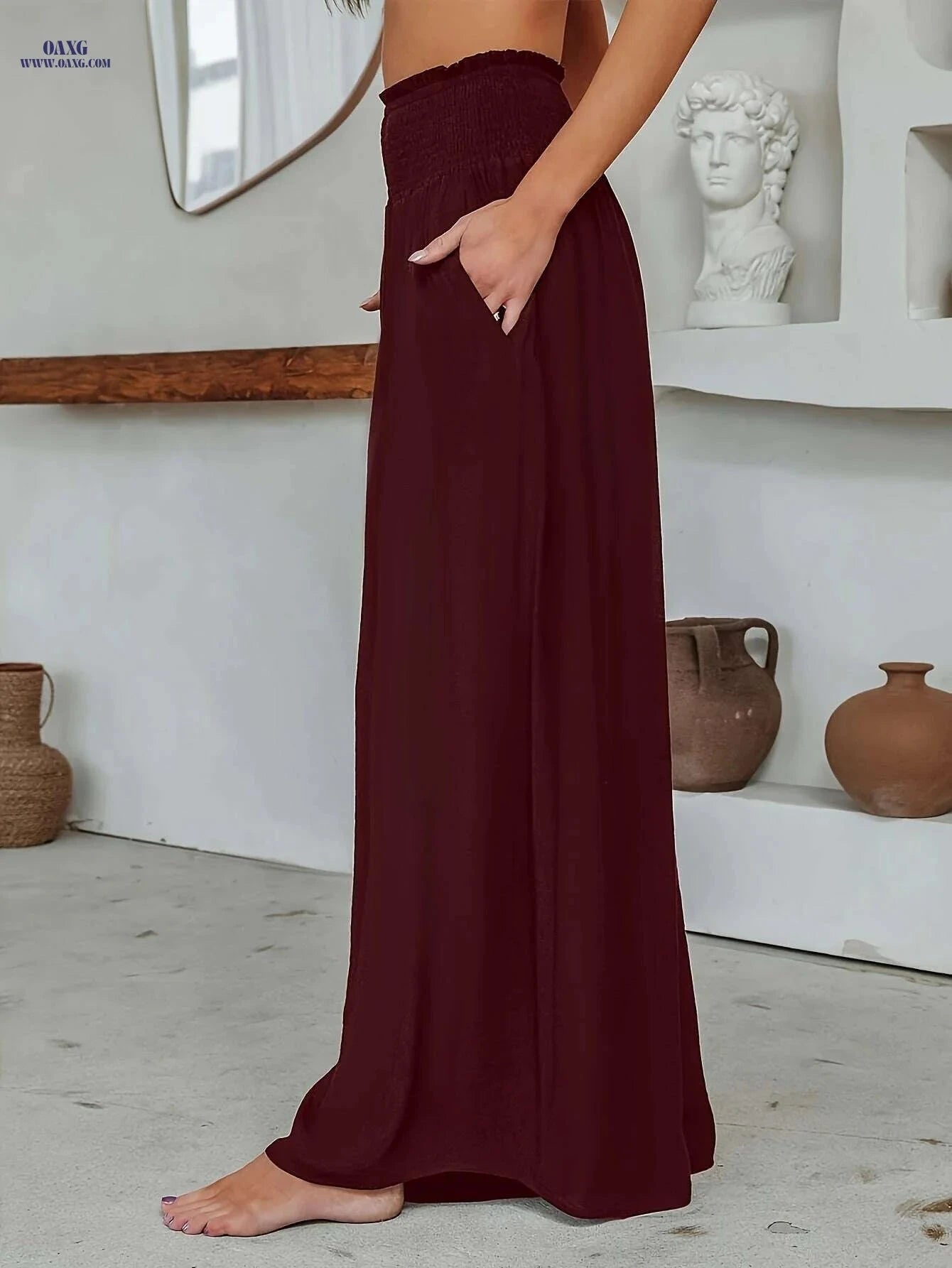 Women's Casual Solid Color Wide Leg Pants - Slant Pockets Style   OAXG Black / S