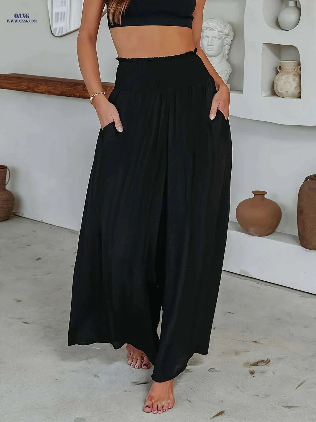 Women's Casual Solid Color Wide Leg Pants - Slant Pockets Style   OAXG Black / S