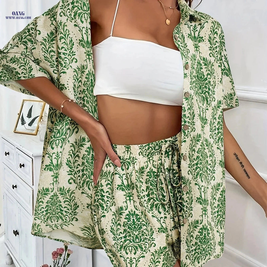 Women's Casual Solid Short Shorts Set - Button-Up Shirt & Shorts   OAXG 