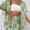 Women's Casual Solid Short Shorts Set - Button-Up Shirt & Shorts   OAXG 