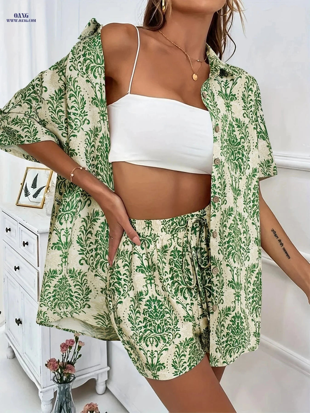 Women's Casual Solid Short Shorts Set - Button-Up Shirt & Shorts   OAXG 
