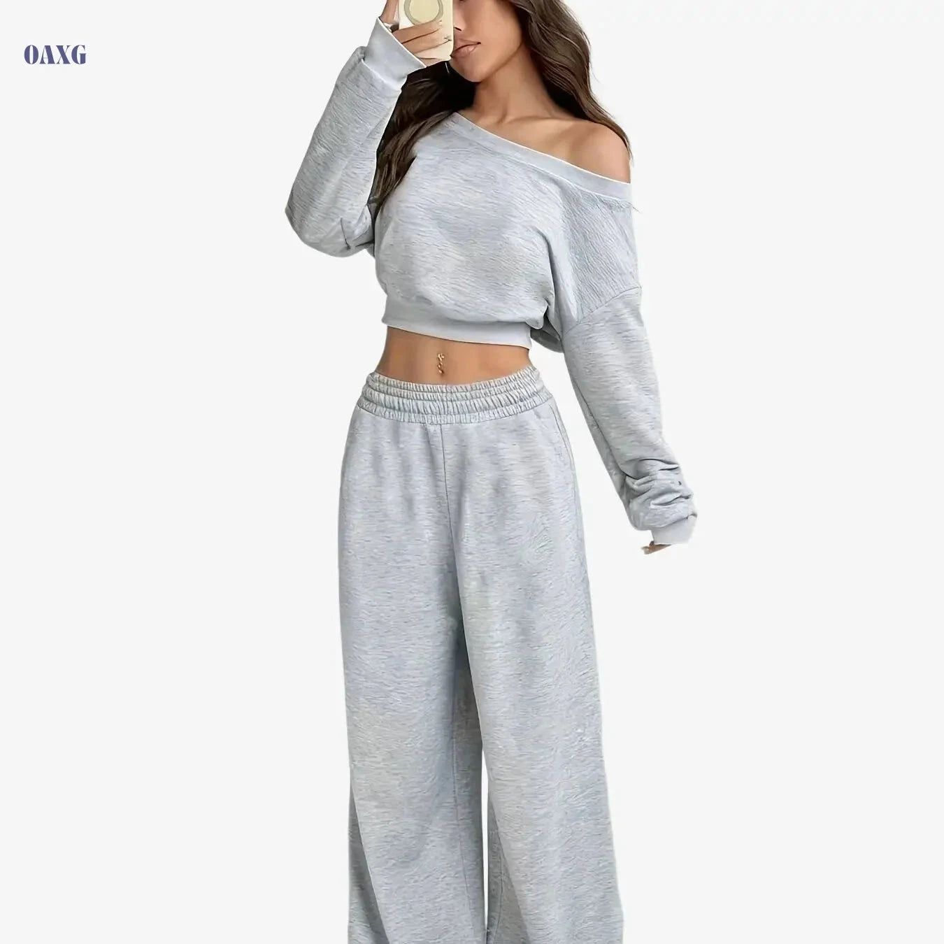 Women's Casual Sports Hoodie & Pants Set - Solid Color All-Season Wear   OAXG Light Grey / Asian S