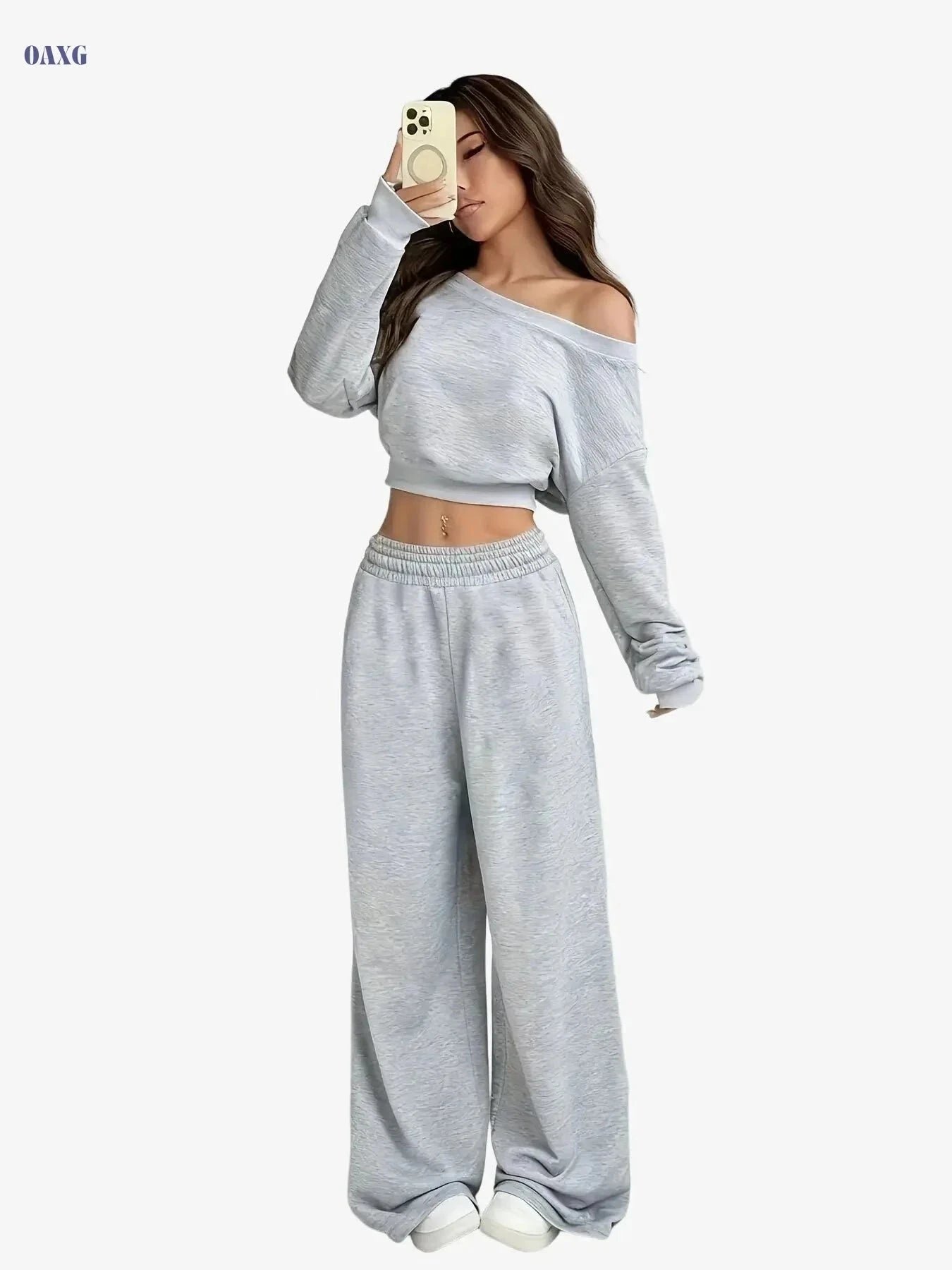 Women's Casual Sports Hoodie & Pants Set - Solid Color All-Season Wear   OAXG Light Grey / Asian S