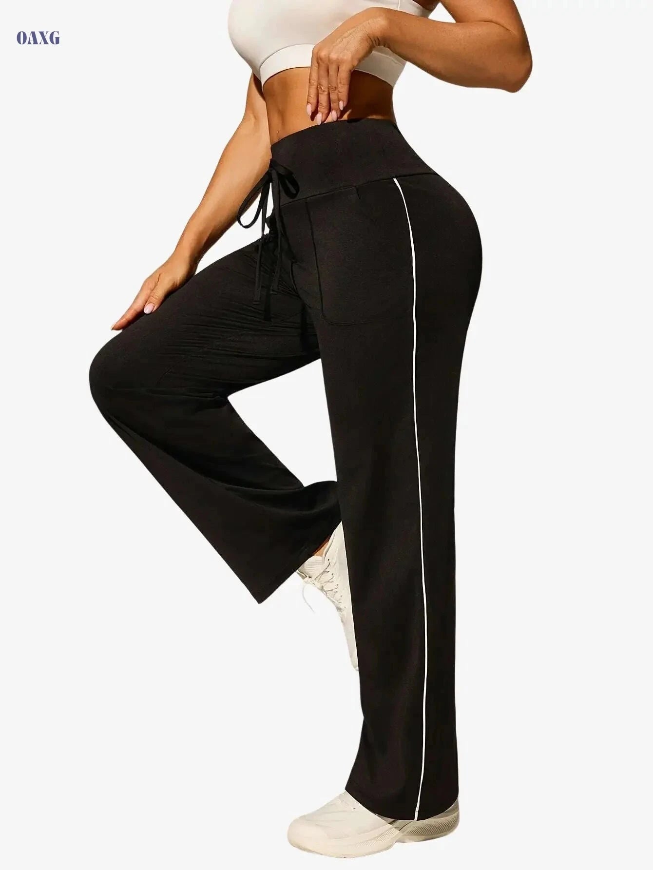 Women's Casual Sports Pants - High Stretch Wide Leg, All-Season Comfort   OAXG Black / S