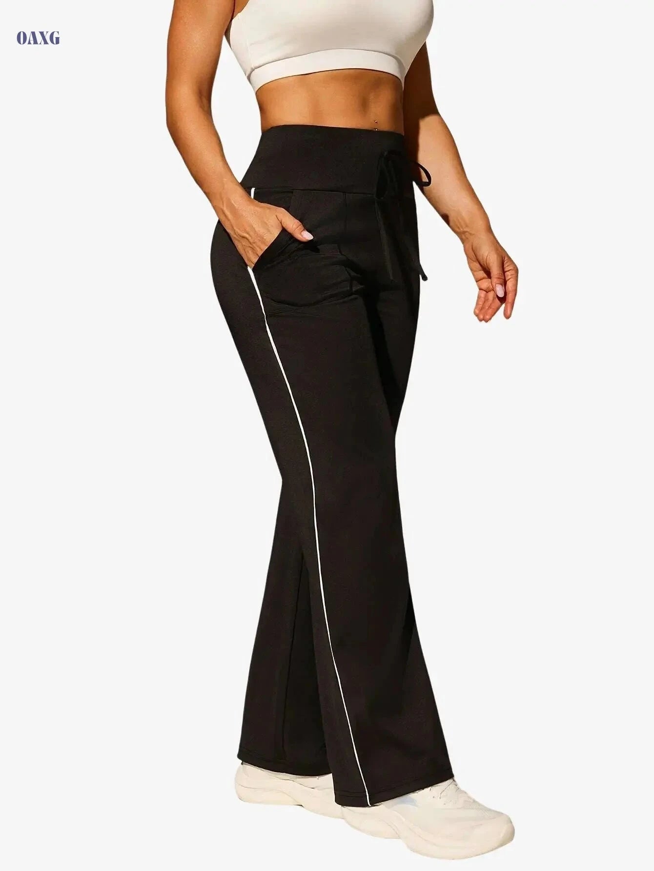Women's Casual Sports Pants - High Stretch Wide Leg, All-Season Comfort   OAXG Black / S