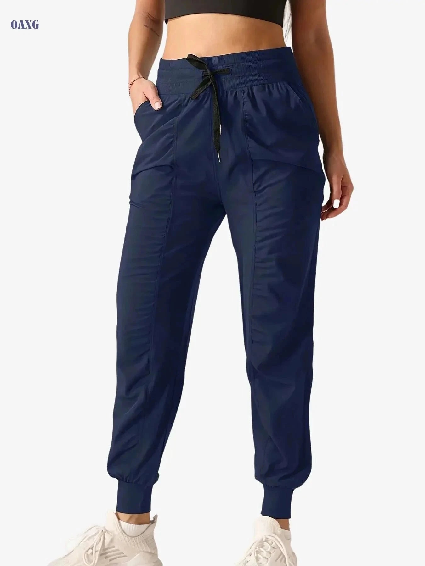 Women's Casual Sports Pants - Solid Color, Drawstring Waist, All-Season   OAXG Black / S