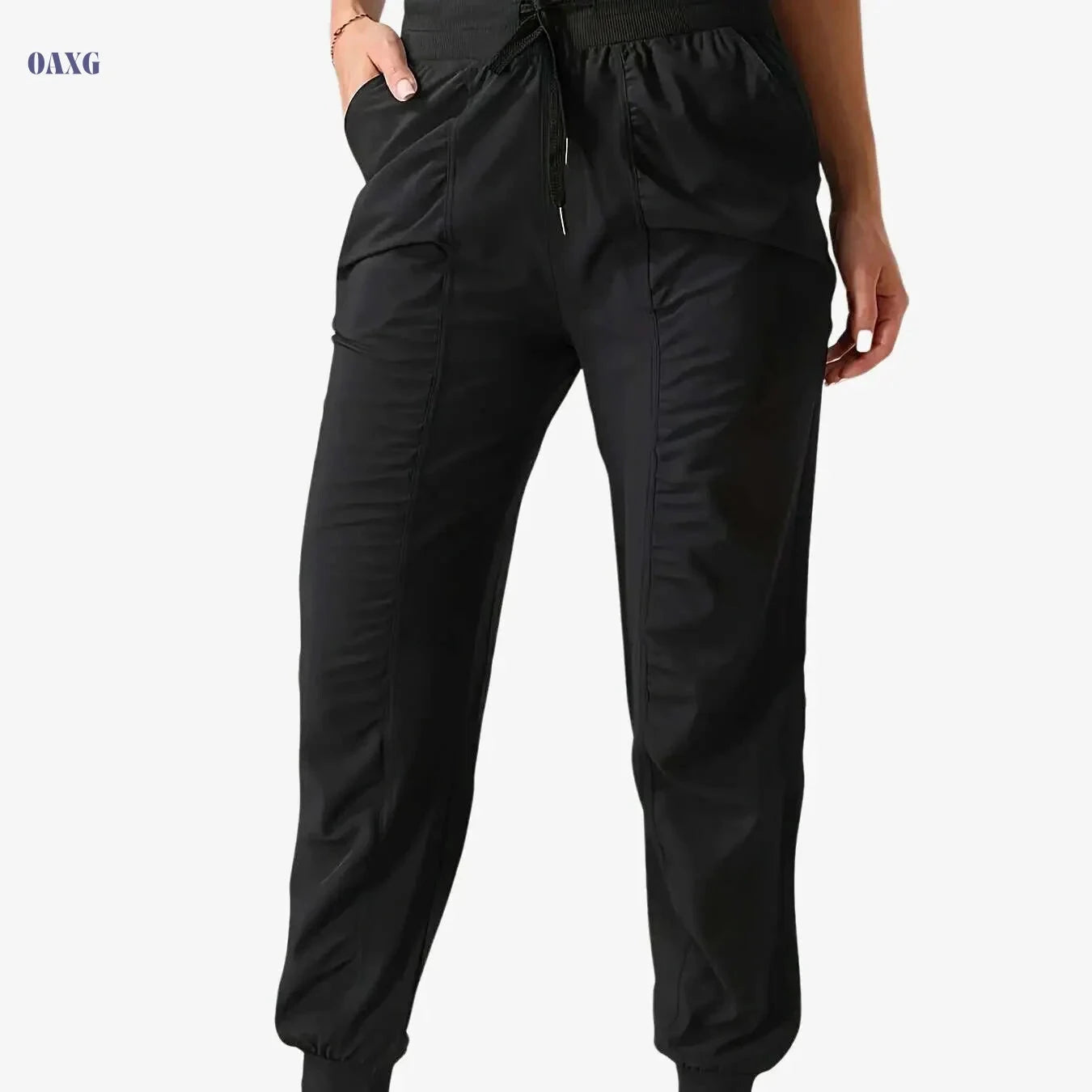 Women's Casual Sports Pants - Solid Color, Drawstring Waist, All-Season   OAXG Black / S