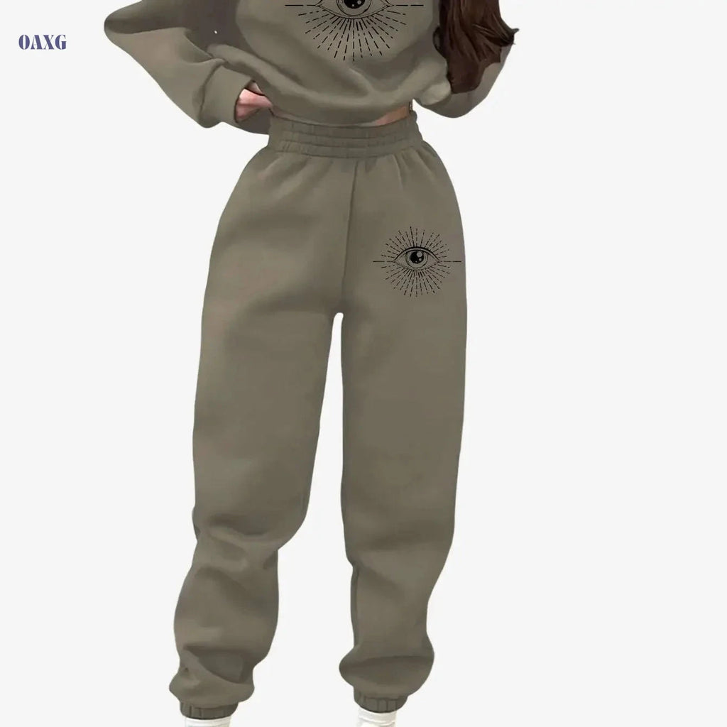 Women's Casual Sports Sweatshirt Set - Autumn Winter Eye Pattern   OAXG 