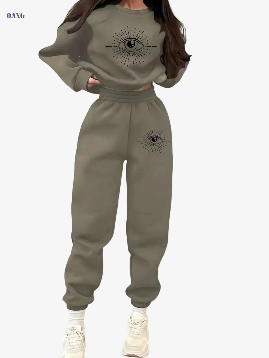 Women's Casual Sports Sweatshirt Set - Autumn Winter Eye Pattern   OAXG 