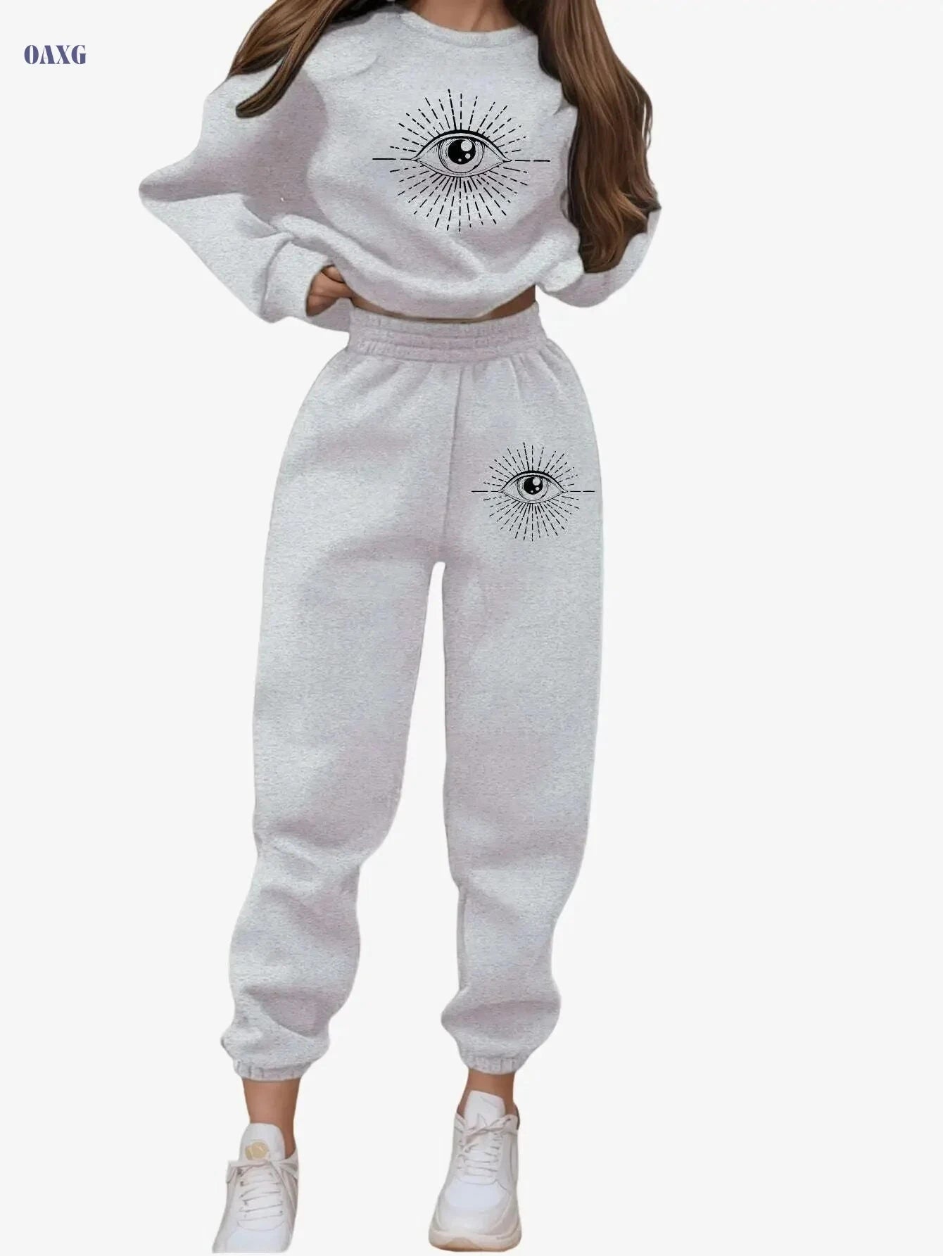 Women's Casual Sports Sweatshirt Set - Autumn Winter Eye Pattern   OAXG Black / S