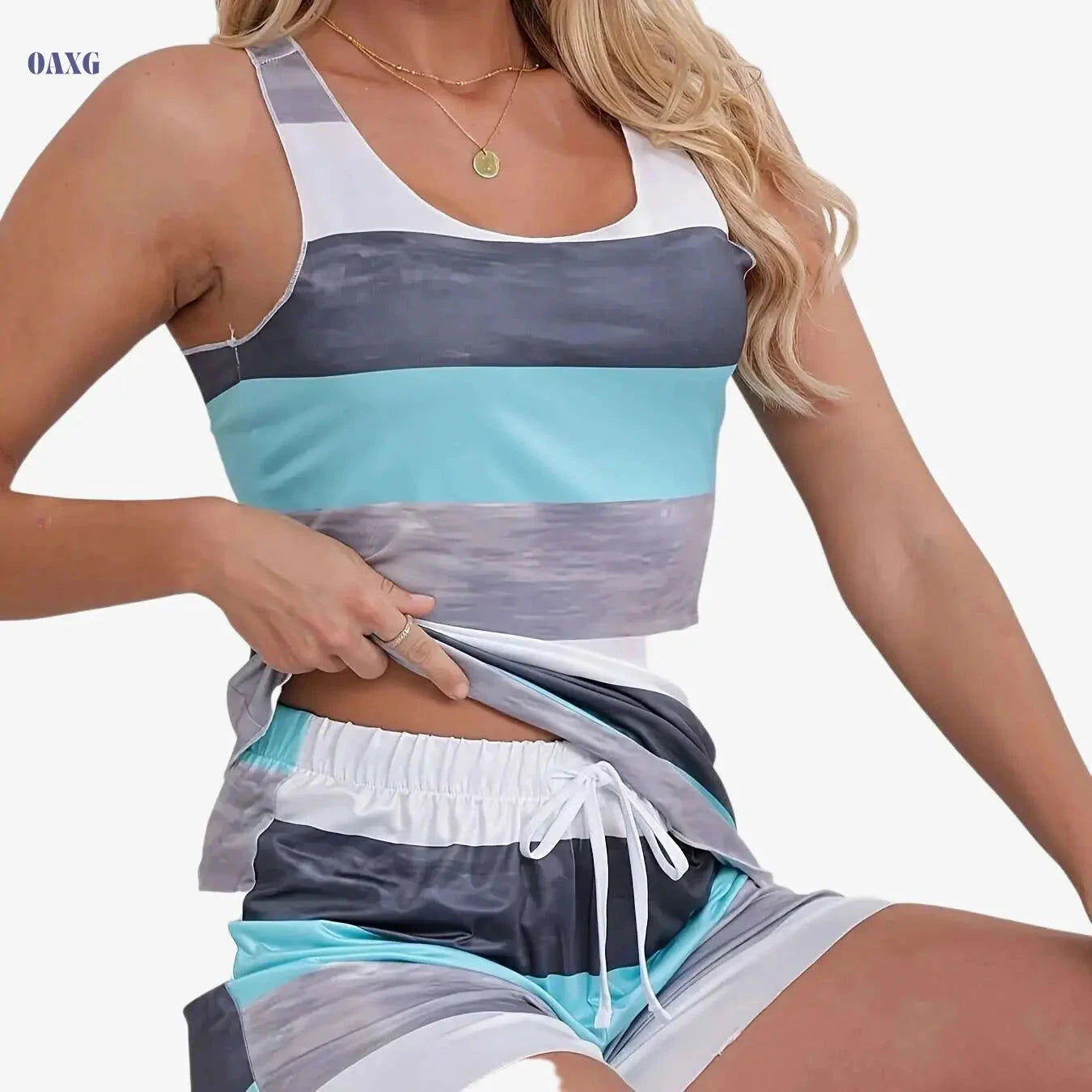Women’s Casual Sports Two-Piece Set - Sleeveless Vest & Striped Shorts   OAXG 