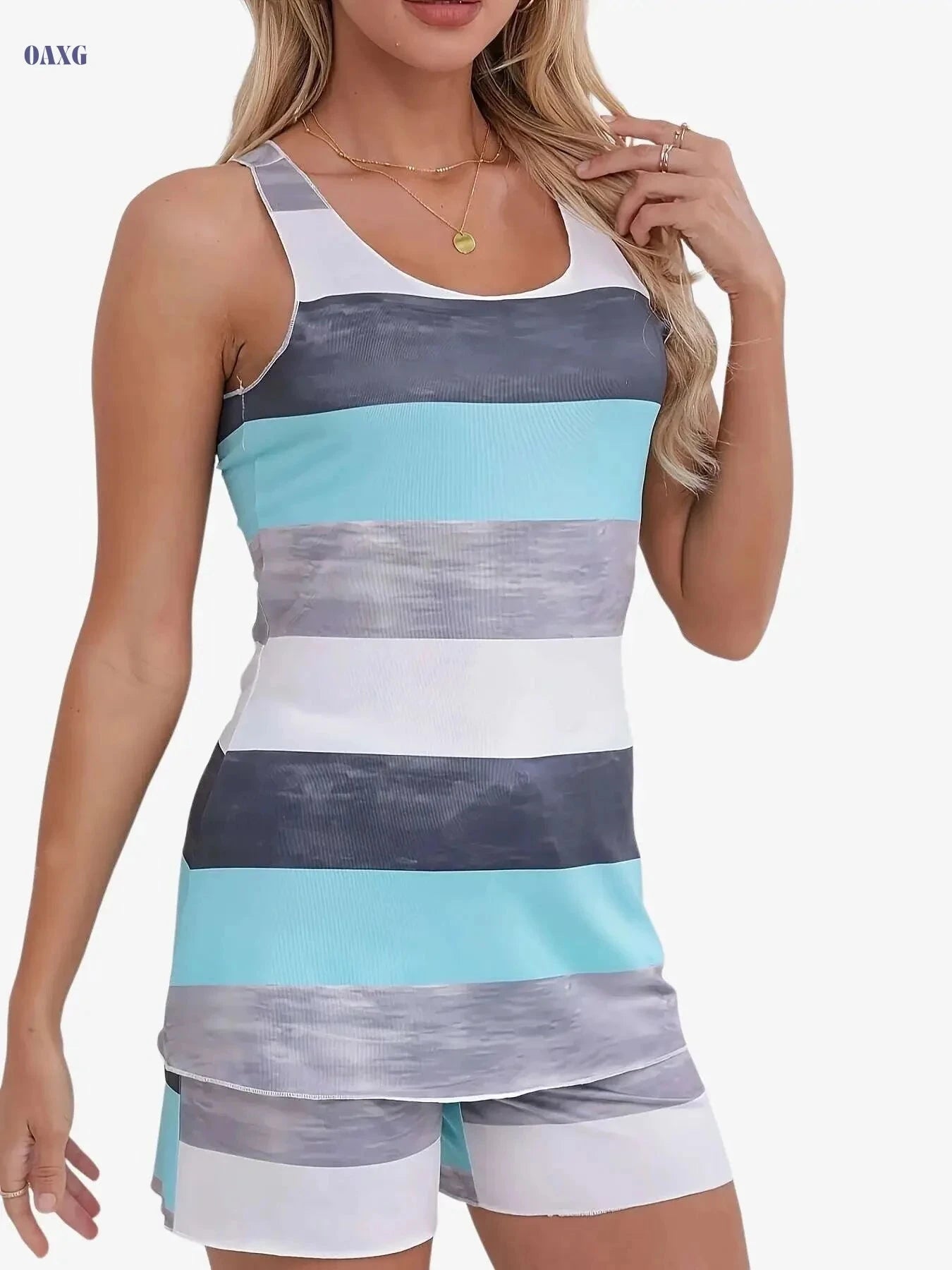 Women’s Casual Sports Two-Piece Set - Sleeveless Vest & Striped Shorts   OAXG Stripe 2 / S