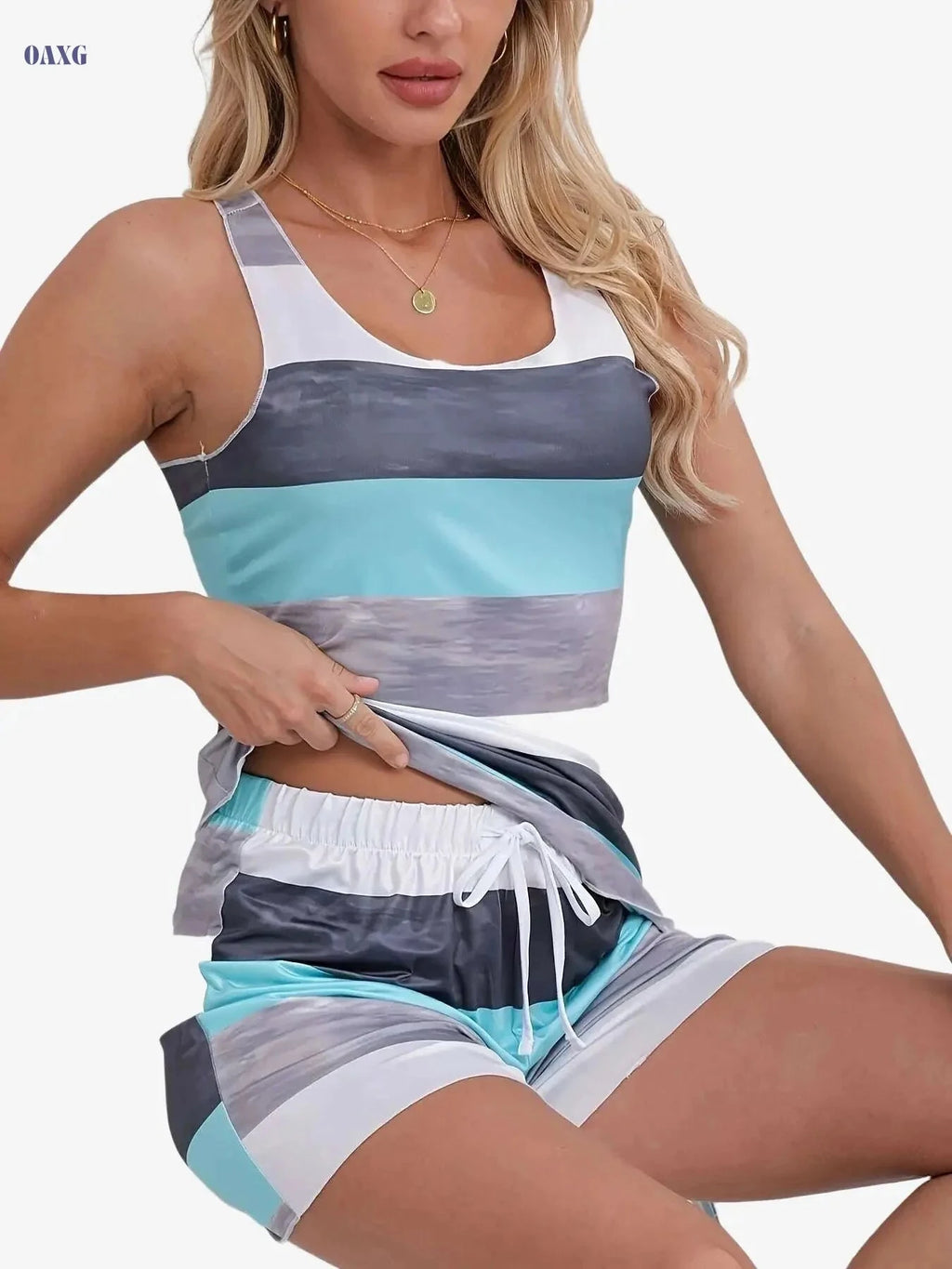 Women’s Casual Sports Two-Piece Set - Sleeveless Vest & Striped Shorts   OAXG Stripe 2 / S