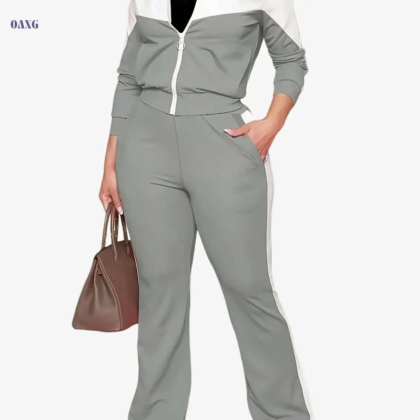 Women's Casual Sportswear Set - High Neck, Medium Stretch Fabric   OAXG 