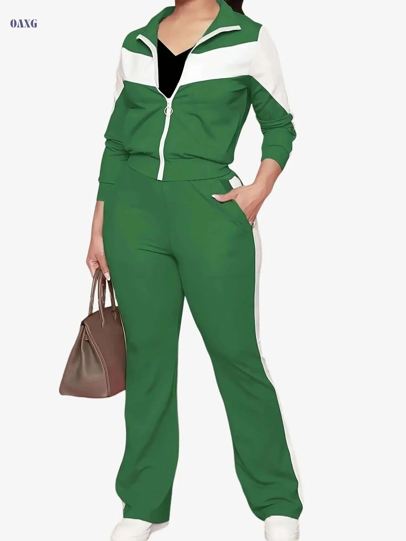 Women's Casual Sportswear Set - High Neck, Medium Stretch Fabric   OAXG 