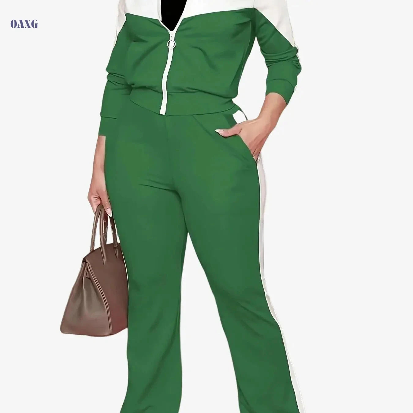 Women's Casual Sportswear Set - High Neck, Medium Stretch Fabric   OAXG 
