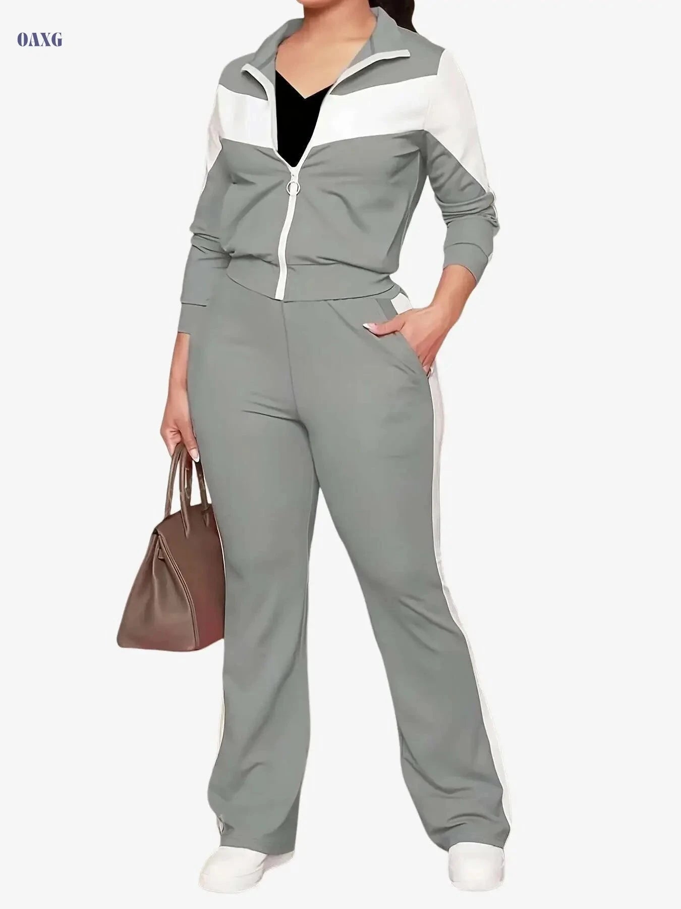 Women's Casual Sportswear Set - High Neck, Medium Stretch Fabric   OAXG 