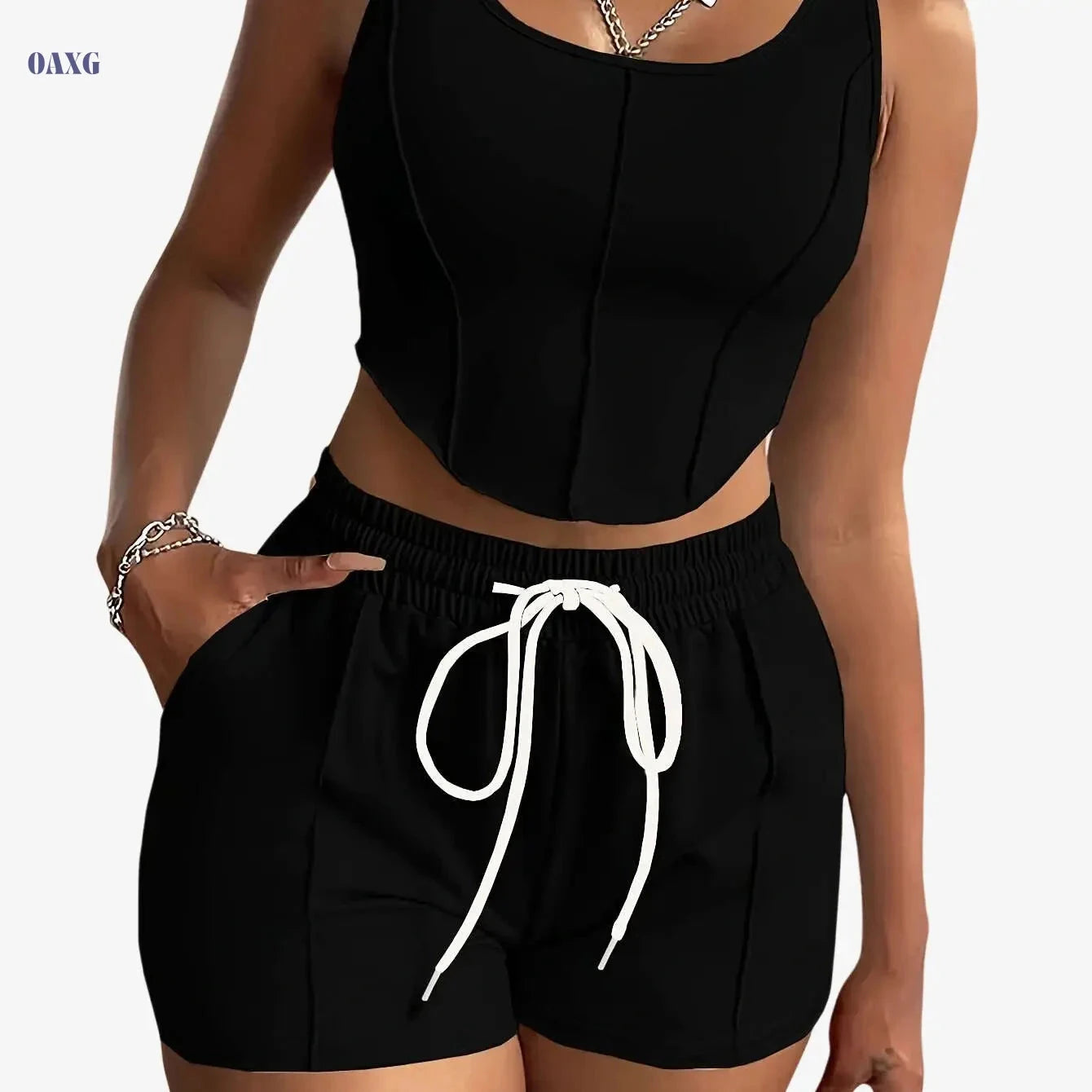 Women's Casual Sportswear Set - Sleeveless Top & Drawstring Shorts   OAXG 