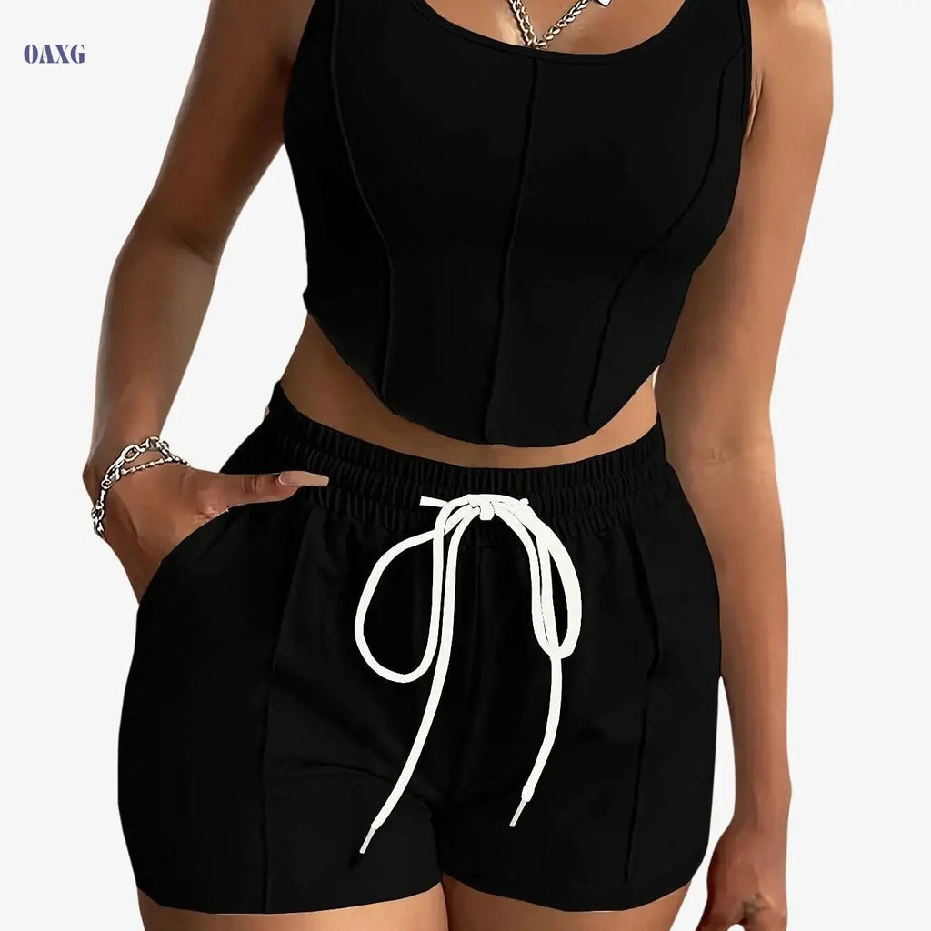 Women's Casual Sportswear Set - Sleeveless Top & Drawstring Shorts   OAXG Black / S