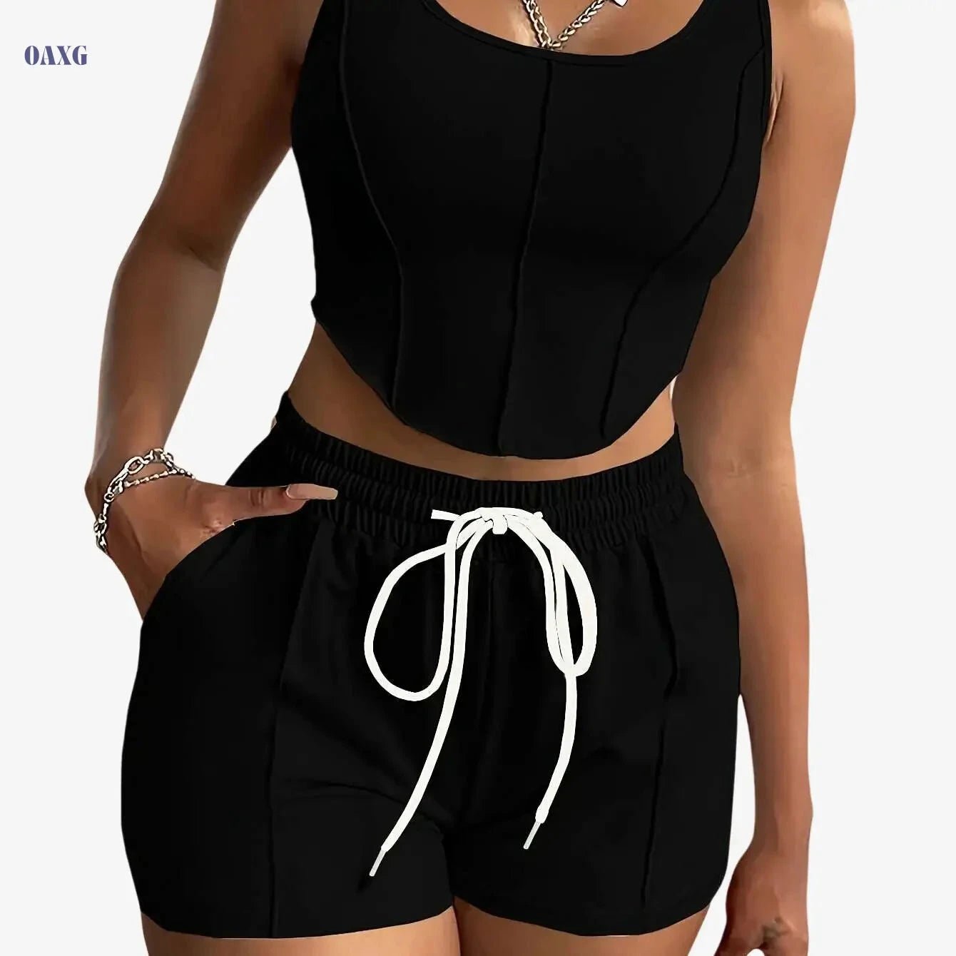 Women's Casual Sportswear Set - Sleeveless Top & Drawstring Shorts   OAXG Black / S